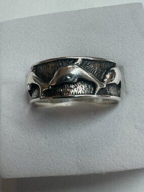 Dolphin Ring Band Sterling Silver 925 Repousse | Ocean Wave Scene | Size 5.5